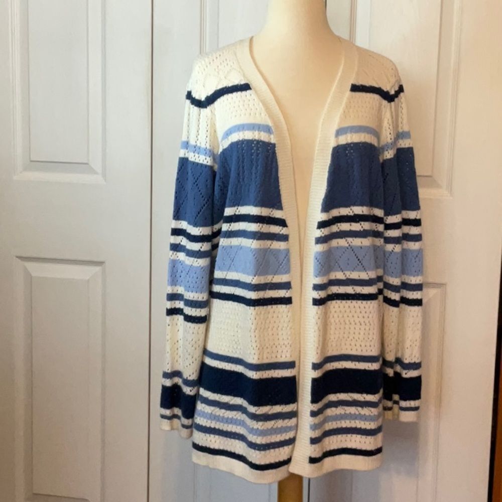 Vintage Blair Open‎ Cardigan Blue White Striped Sweater XL